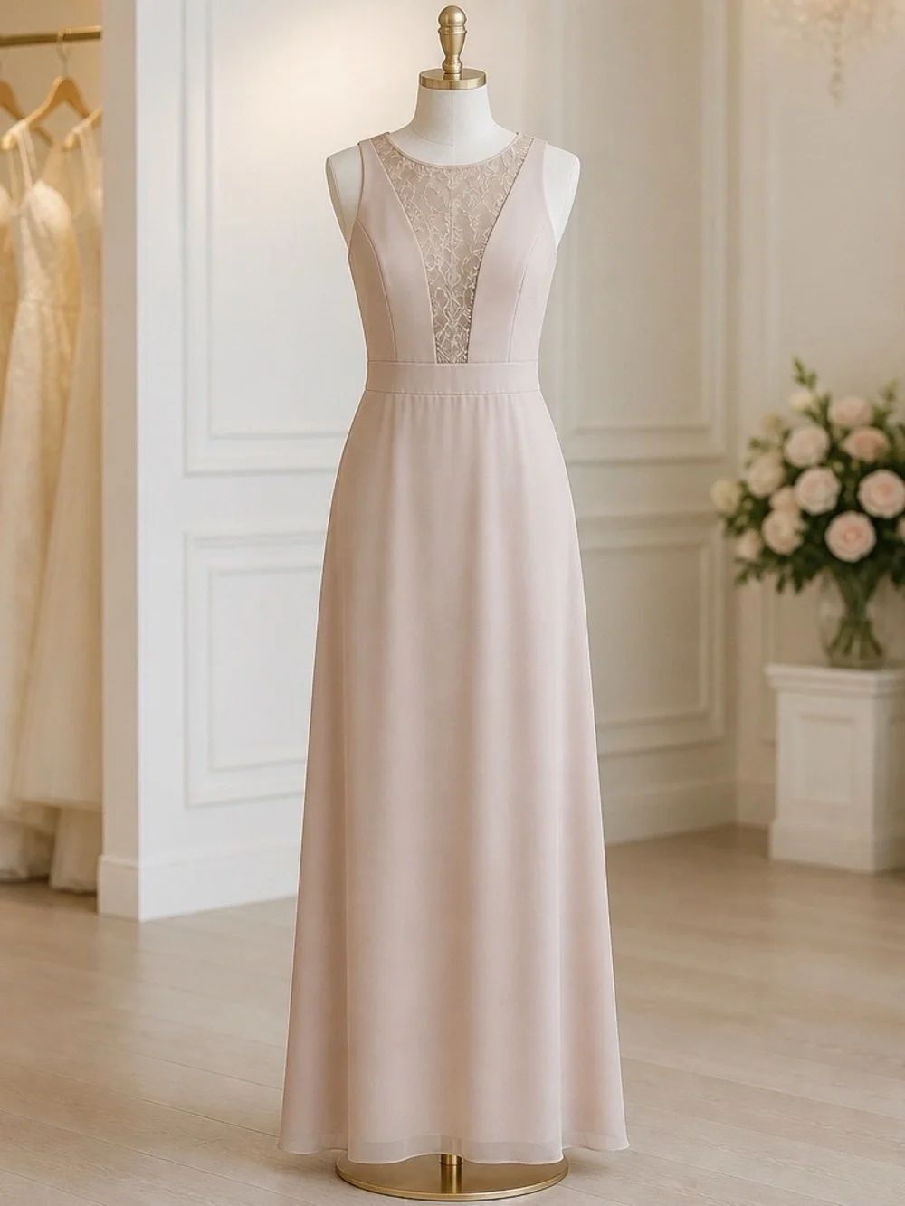 Sleeveless Lace-Panel Maxi Dress in Taupe